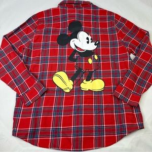 Disney~Cakeworthy Unisex Red Plaid Mickey Mouse LS Cotton Flannel Shirt Sz L